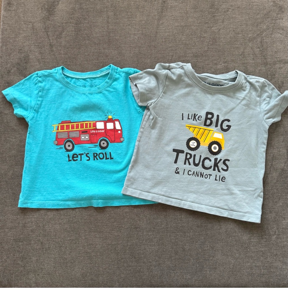 Life Is Good Red Fire Truck and Big Trucks Toddler Shirts 4T